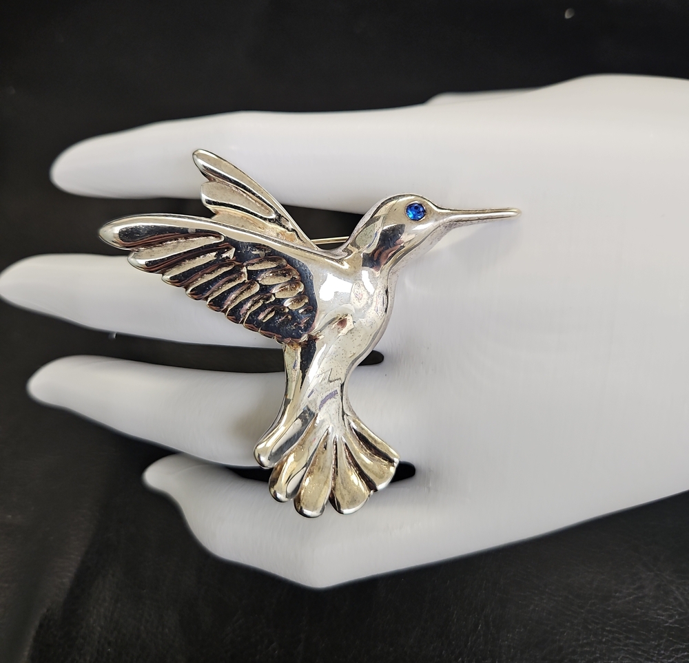 Silver Hummingbird Brooch with Blue Accent Eye